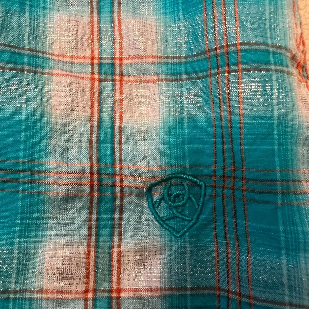 WOMEN’S ARIAT WESTERN SHIRT MEDIUM FITTED PEARL SNAP TEAL METALLIC PLAID STUDDED - Picture 9 of 10